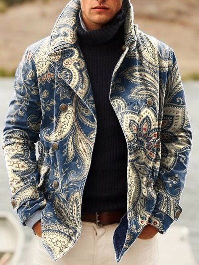 Gentleman Vintage Paisley Floral Art Print Lapel Double Breasted Jacket