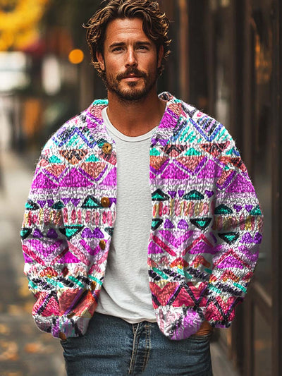 Men's abstract art fashion print casual loose sweater jacket