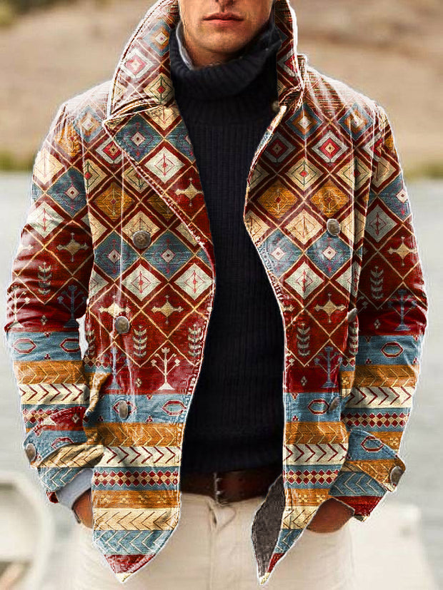 Gentleman Vintage Ethnic Geometric Art Print Lapel Double Breasted Jacket