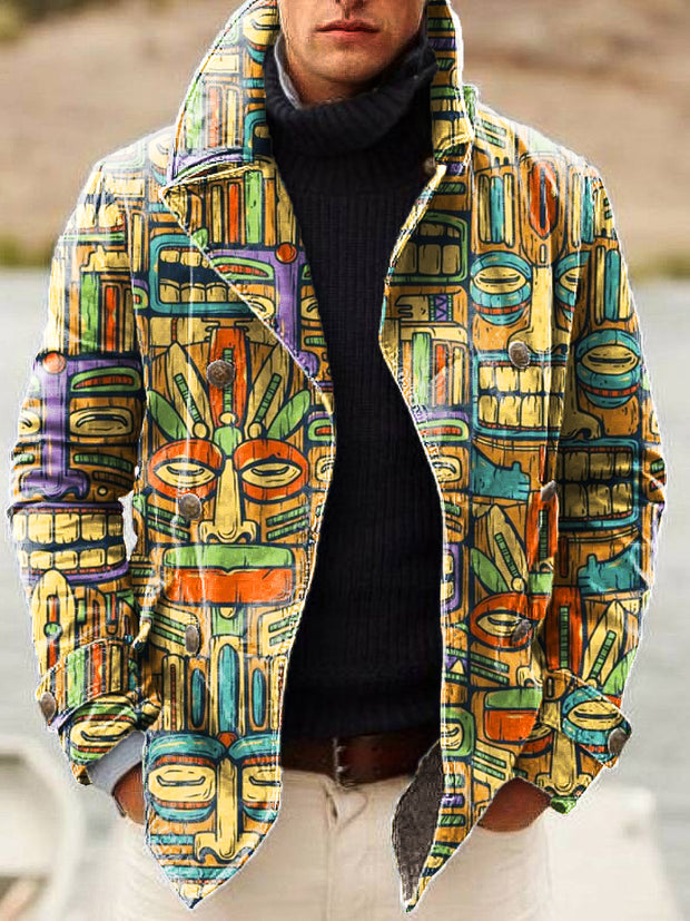 Gentleman Vintage Tribal Painted Art Print Lapel Double Breasted Jacket