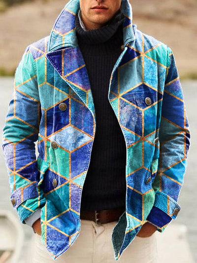 Gentleman Vintage Gradient Geometric Art Print Lapel Double Breasted Jacket