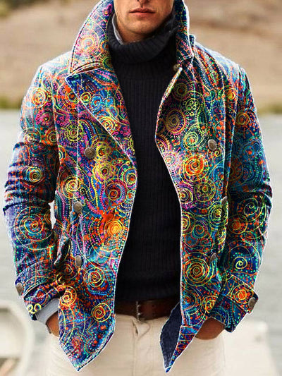 Gentleman Vintage Multicolor Line Swirl Art Print Lapel Double Breasted Jacket