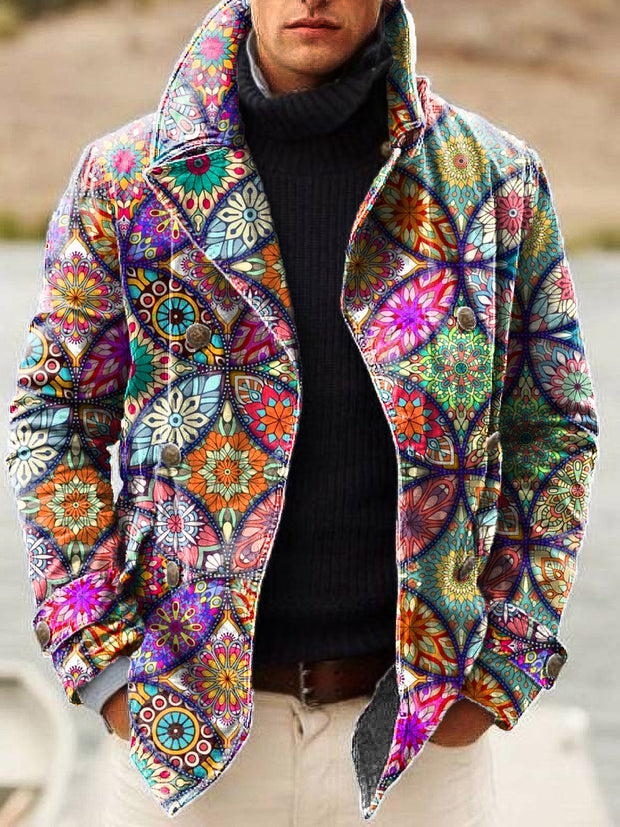 Gentleman Vintage Multicolor Mandala Art Print Lapel Double Breasted Jacket