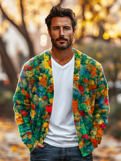 Gentleman Vintage Abstract Colorful Forest Art Print V-Neck Cardigan Sweater