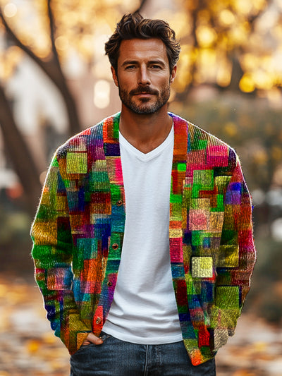 Gentleman Vintage Abstract Multicolor Art Print V-Neck Cardigan Sweater