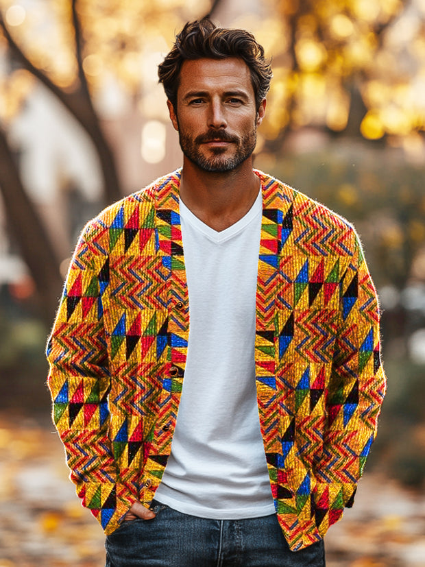 Gentleman Vintage Multicolor Geometric Art Print V-Neck Cardigan Sweater