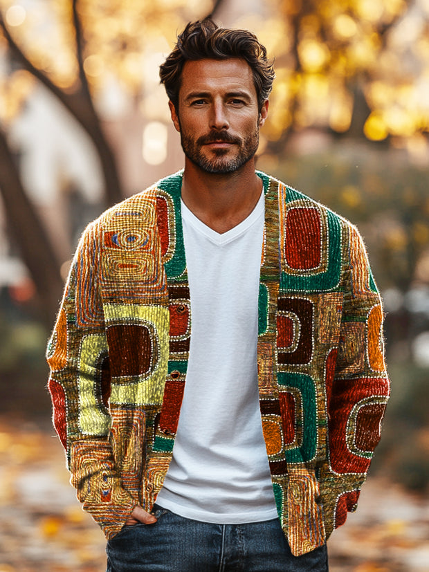 Gentleman Vintage Irregular Geometric Art Print V-Neck Cardigan Sweater