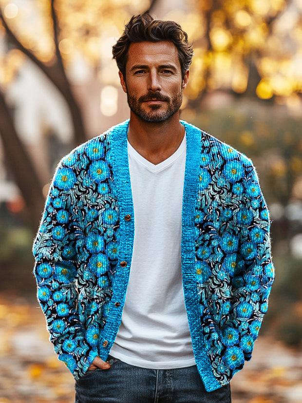 Gentleman Vintage Blue Floral Art Print V-Neck Cardigan Sweater