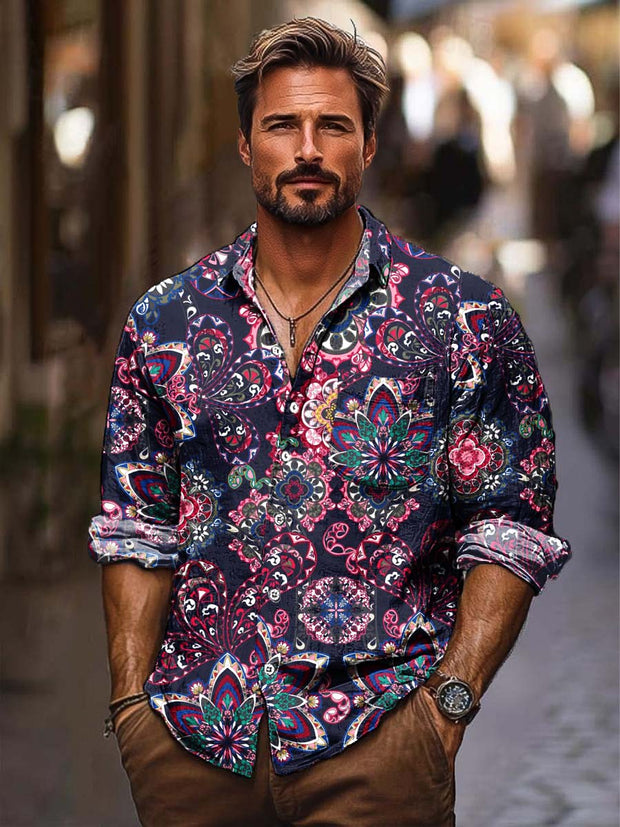 Men's colorful vintage floral pattern fashion print loose long-sleeved shirt