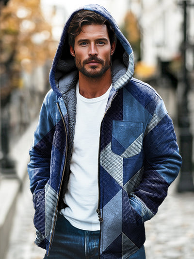 Gentleman's Gradient Color Block Print Plush Thickened Hooded Cardigan Jacket