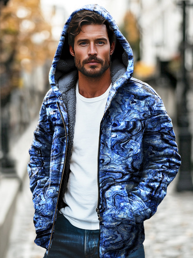 Gentleman Abstract Blue Textured Print Plush Padded Hooded Zipper Jacket