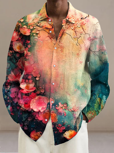 Gentleman Vintage Abstract Floral Oil Painting Art Print Long Sleeve Shirt