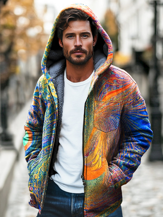 Gentleman's Textured Colorful Printed Plush Thickened Hooded Zipper Jacket