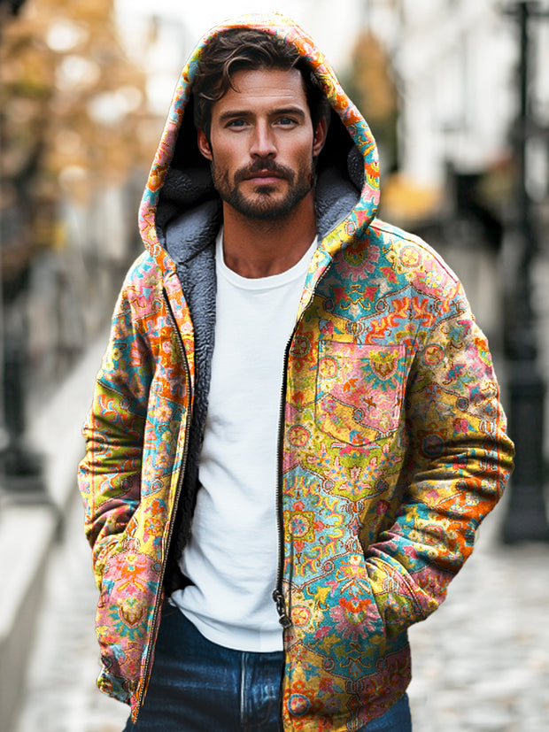 Gentleman Ethnic Style Mandala Printed Plush Thickened Hooded Zipper Jacket