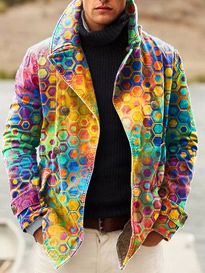 Gentleman Vintage Iridescent Geometric Art Print Lapel Double Breasted Jacket