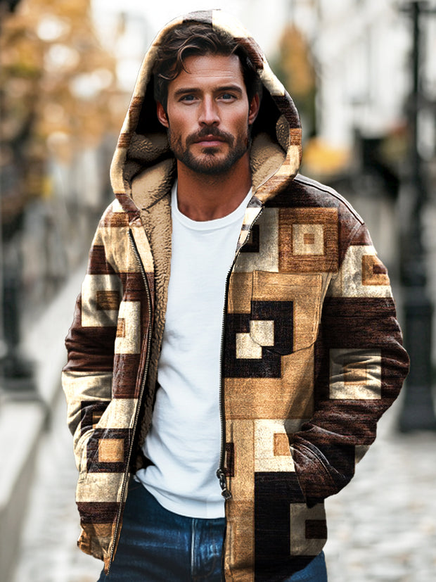 Gentleman Multicolor Abstract Geometric Print Plush Thickened Hooded Zipper Jacket