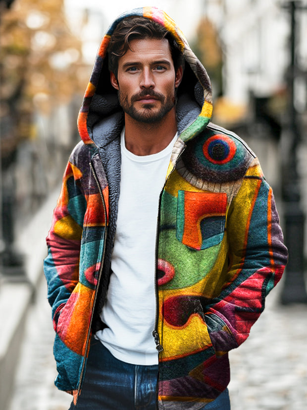 Gentleman Abstract Irregular Print Plush Thickened Hooded Zipper Jacket