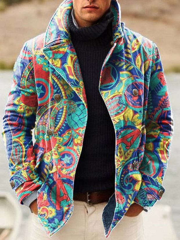 Gentleman Vintage Multicolor Irregular Art Print Lapel Double Breasted Jacket