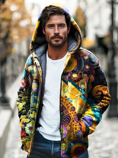 Gentleman Abstract Print Plush Padded Hooded Zipper Jacket