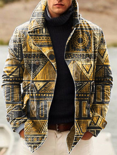 Gentleman Vintage Ethnic Geometric Art Print Lapel Double Breasted Jacket