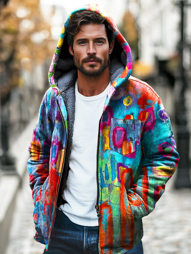 Gentleman's Colorful Irregular Printed Plush Thickened Hooded Zipper Jacket