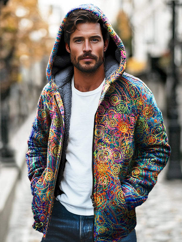 Gentleman Abstract Swirl Print Plush Padded Hooded Zipper Jacket