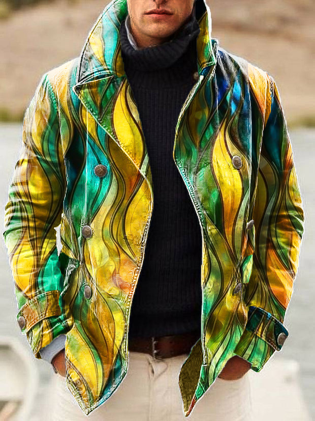 Gentleman Vintage Abstract Wave Art Print Lapel Double Breasted Jacket