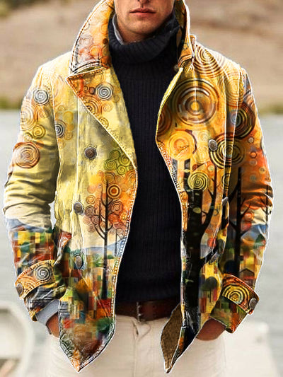 Gentleman Vintage Abstract Woods Art Print Lapel Double Breasted Jacket