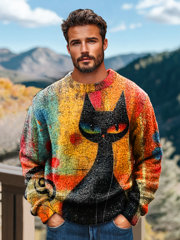 Gentleman Casual Abstract Colorblock Cat Art Print Crew Neck Sweater