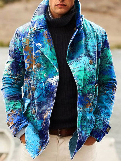 Gentleman Vintage Blue Abstract Textured Art Print Lapel Double Breasted Jacket