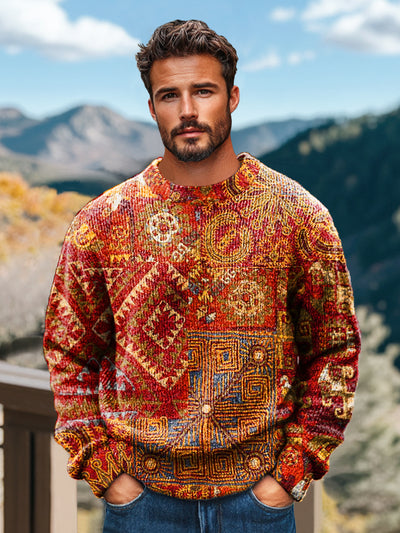 Gentleman Casual Ethnic Style Geometric Art Print Crew Neck Sweater