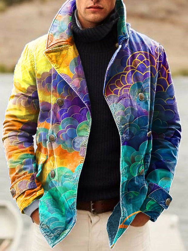 Gentleman Vintage Geometric Clouds Art Print Lapel Double Breasted Jacket