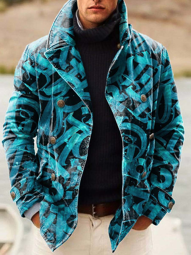 Men's classic fashion print loose long sleeve double-breasted jacket