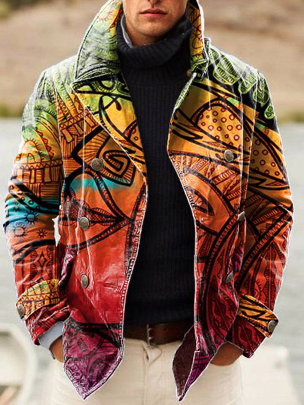 Gentleman Vintage Gradient Graffiti Art Print Lapel Double Breasted Jacket