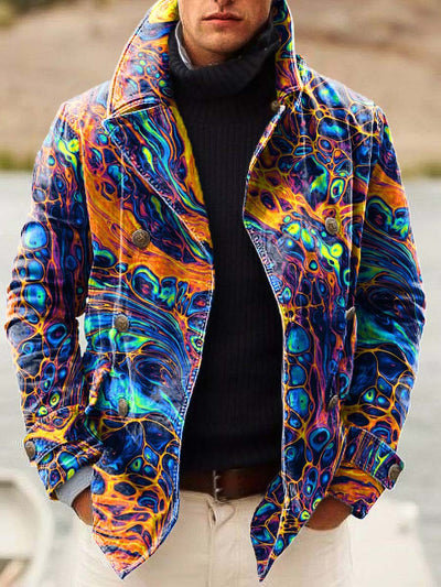 Men's high-class handsome abstract art print loose long sleeve double-breasted jacket