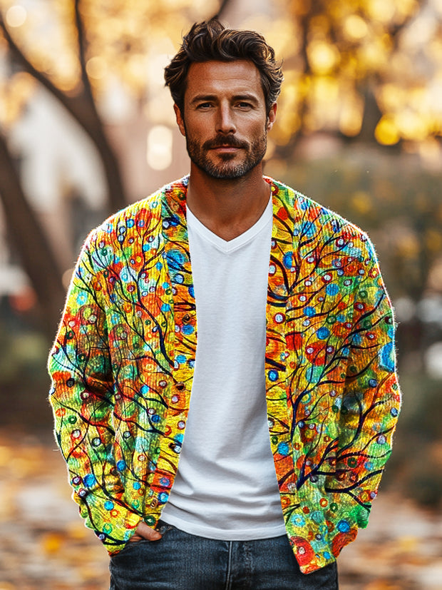 Gentleman Vintage Abstract Colorful Leaves Art Print V-Neck Cardigan Sweater