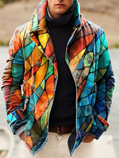 Gentleman Vintage Multicolor Geometric Art Print Lapel Double Breasted Jacket