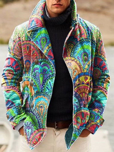 Gentleman Vintage Multicolor Paisley Art Print Lapel Double Breasted Jacket