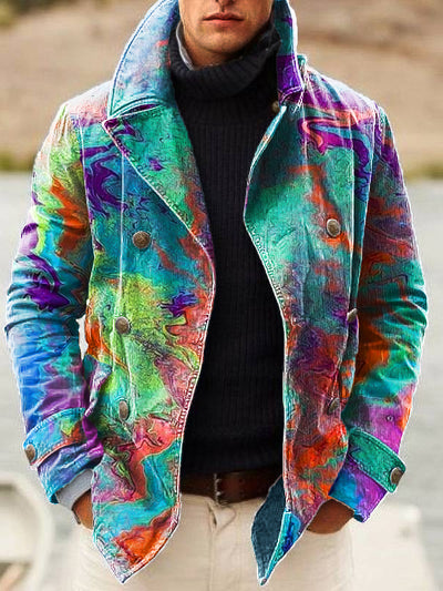 Gentleman Vintage Multicolor Swoosh Art Print Lapel Double Breasted Jacket