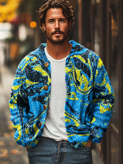 Men's abstract smudge fashion digitally printed sweater cardigan jacket