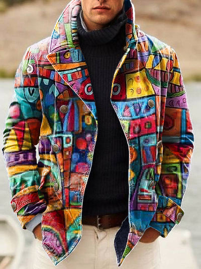 Gentleman Vintage Abstract Iridescent Art Print Lapel Double Breasted Jacket