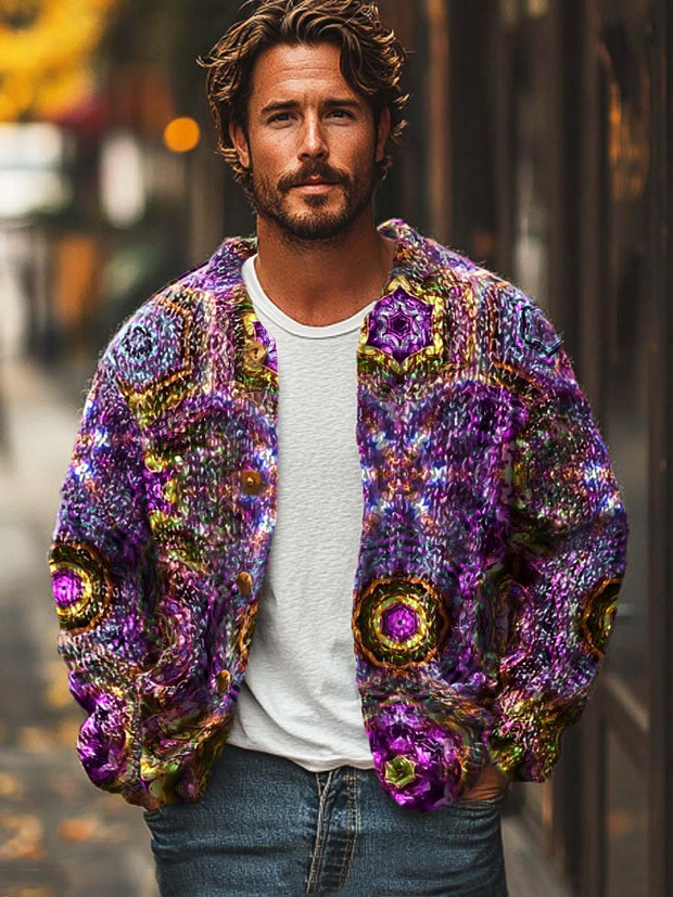 Men's vintage fashion digital print casual loose sweater cardigan jacket