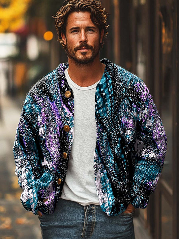 Men's Senior Abstract Fashion Digital Print Casual Loose Fit Sweater Cardigan Jacket