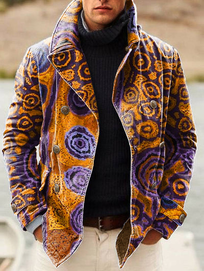 Gentleman Vintage Abstract Line Swirl Art Print Lapel Double Breasted Jacket