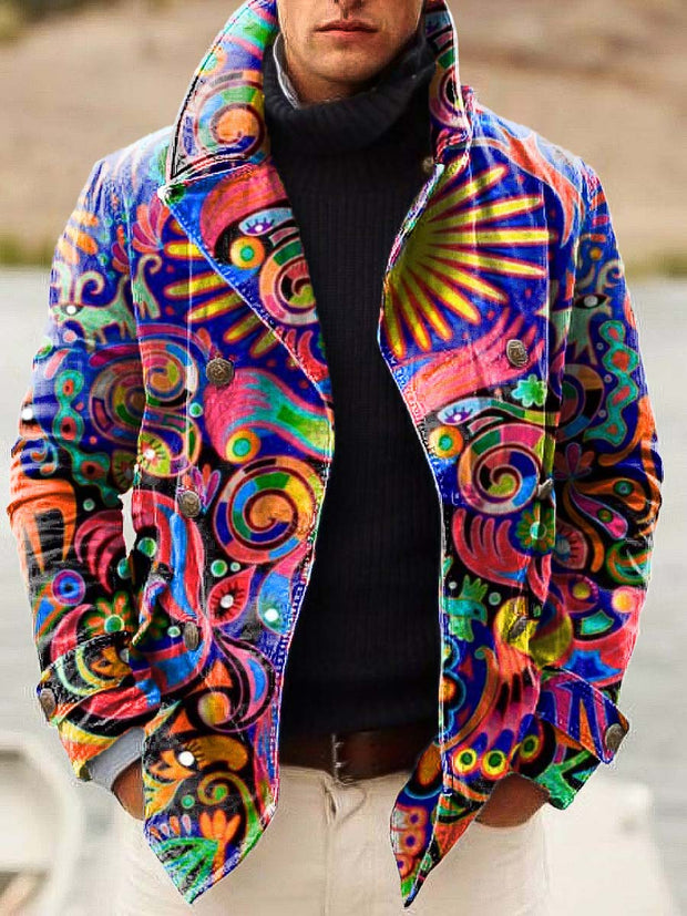 Men's abstract trend, personality art, digital print double-breasted jacket