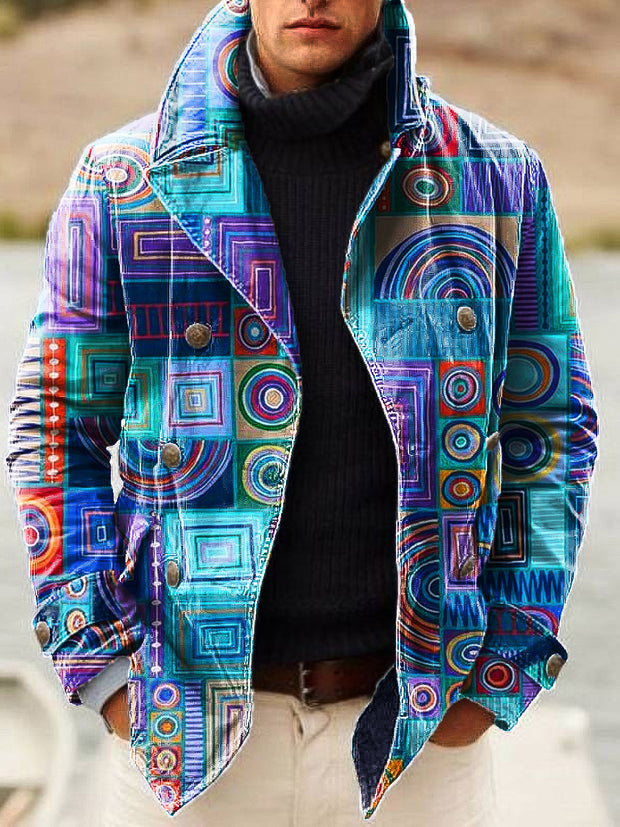 Gentleman Vintage Ethnic Geometric Art Print Lapel Double Breasted Jacket