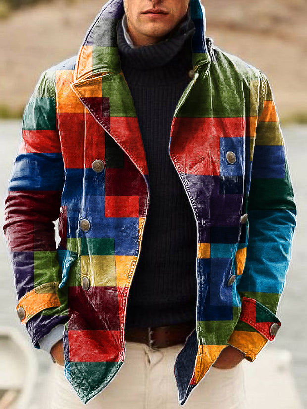 Gentleman Vintage Abstract Colorful Geometric Print Lapel Double Breasted Jacket