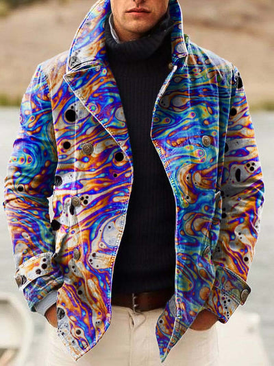 Men's abstract art fashion digital print casual double-breasted jacket