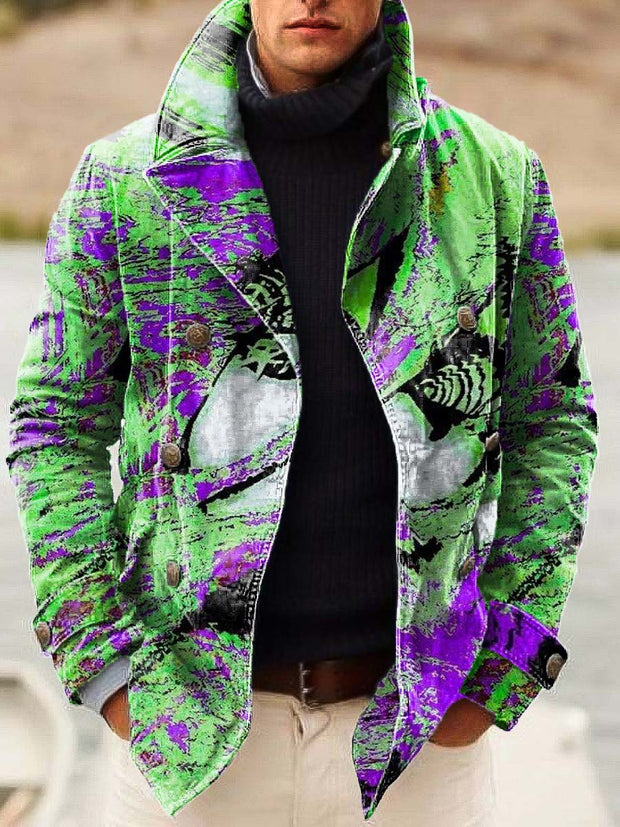 Men's abstract art fashion digital print casual double-breasted jacket