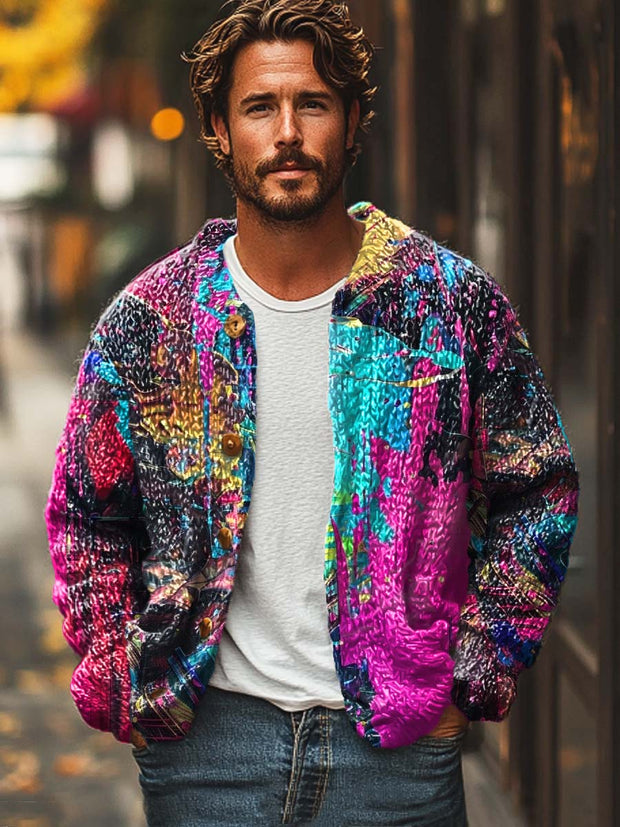 Men's high class abstract fashion digital print sweater cardigan jacket